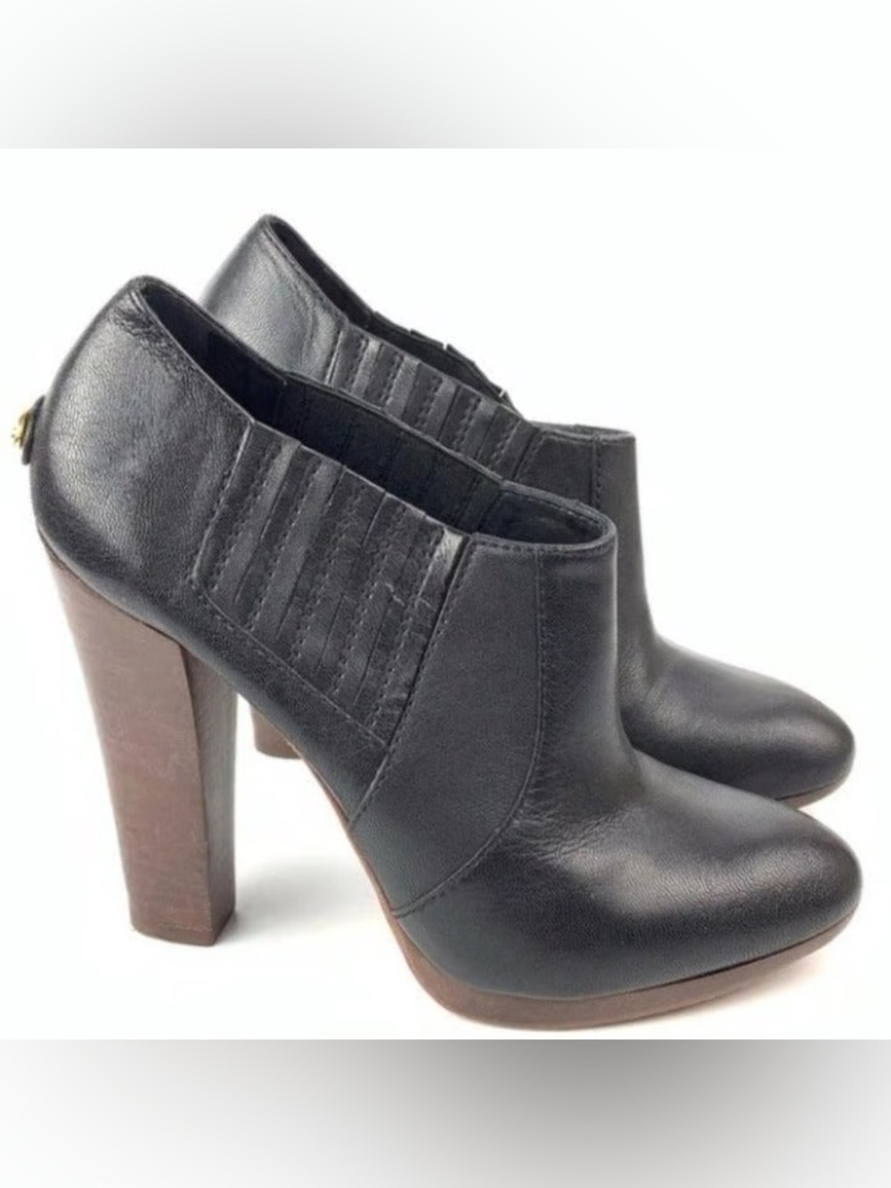 BCBG MaxAzria leather ankle boots block platform wooden heel black brown US 8B